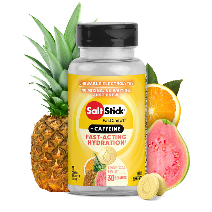 SaltStick Chewable Electrolytes with Caffeine - 60 Tropical Twist Electrolyte Energy Tablets - Just Chew It, Electrolyte Energy Chews for Hydration - 60 Count