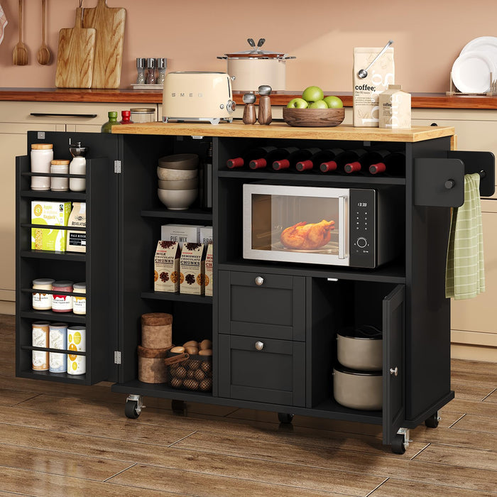 Rolling Kitchen Island with Storage Cabinet, 41.3'' Width Kitchen Cart with Desktop Drop Leaf Countertop, Portable Mobile Kitchen Island with Towel Rack, Spice Rack Shelf and Lockable Wheels, Black