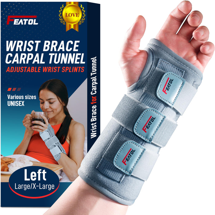 FEATOL Carpal Tunnel Wrist Brace Night Support- Pain Relief Tendonitis, Sprained，Arthritis, Carpal Tunnel Syndrome -Metal Splint Stabilizer With Hand Brace -FOR Sleeping Work Women Men -Left(S/M)