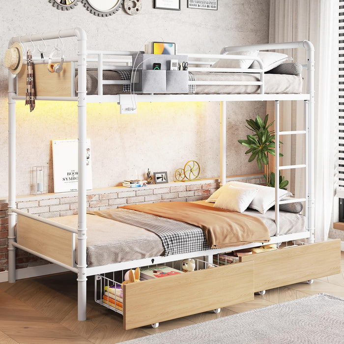 Jocoevol Metal LED Bunk Bed Twin Over Twin with 2 Storage Drawers, USB Charging Station, Industrial Bunkbeds Heavy Duty Bed with Safety Guardrail and Ladder, No Box Spring Needed, White
