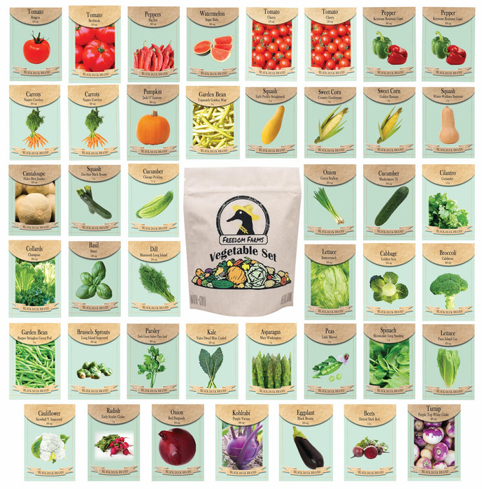 Freedom Farms Set of 43 Assorted Vegetable & Herb Seed Packets - Over 10,000 Seeds! - Includes Mylar Storage Bag - Deluxe Garden Heirloom Seeds - 100% Non-GMO