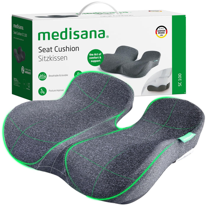 Medisana Seat Cushion - SC 100 Memory Foam Seat Cushions for Office Chairs, Car Seat, Wheelchair - Sciatica & Tailbone & Coccyx Pain Relief Pillow for Driver Sedentary People