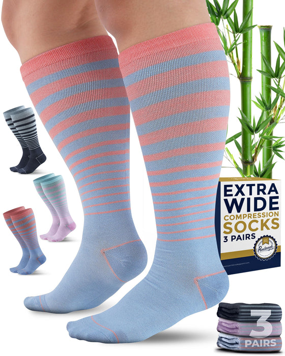 Pembrook 3 Pairs Plus Size Compression Socks Wide Calf - 15-20 mmHg Bamboo Viscosefor Women Plus Size Socks for Women Wide Calf Compression Pastel Stripes
