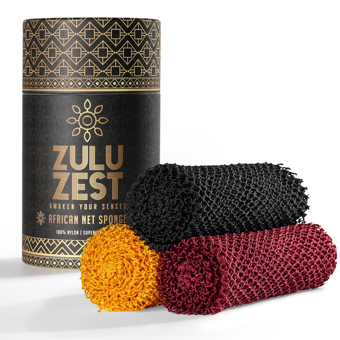 African Net Sponge – Exfoliating Long Nylon Bath Cloth, 3 Pack, Durable Body and Back Scrubber, Dead Skin Remover for Women and Men, Quick Dry, Luxury Skin Care (Black, Yellow, Burgundy)