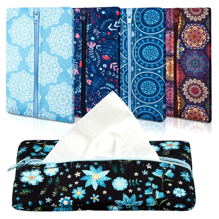 5 Pieces Tissues Purse Pocket Tissue Holder Reusable Travel Pouch Fabric Zipper Enclosed Small Size Flower Pattern Holder for Purse Coins for Christmas, 5.25 x 3 Inches (Floral Style)