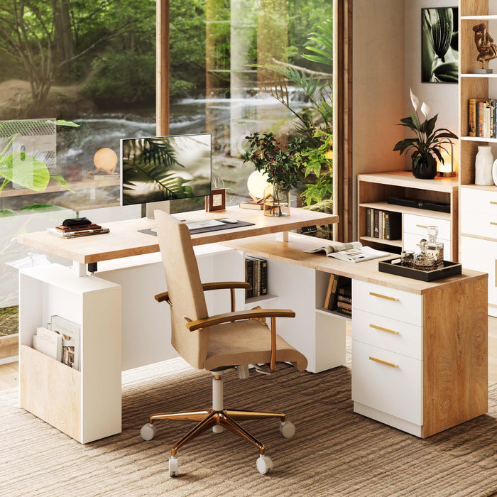 ModernMate 63" Standing Desk with File Cabinet, Privacy Panel, AC/USB, 1.18" Desktop, Executive L Shaped Height Adjustable Electric Stand Up Desk, Home Office Table with 3 Drawers, Light Walnut