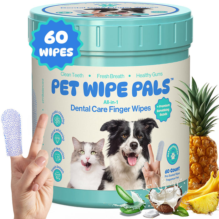 All-in-1 Dog Teeth Cleaning Wipes | Enzymatic Whitening + Premium Scrubbing Beads | No Mess, Pet Dental Wipes & Finger Tooth Brushing Kit | Plant-Based Dental Care for Cats & Dogs (60 Count)