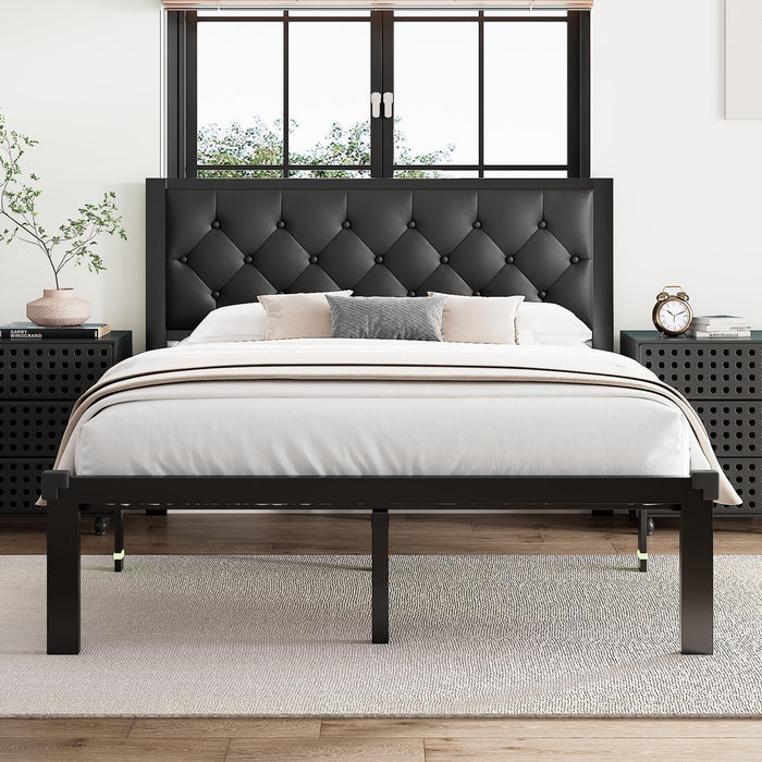 Einhomn Queen Metal Bed Frame, Queen Platform Bed Frame with Button Tufted Faux Leather Headboard, Sturdy Steel Slats, No Box Spring Needed,12" Underbed Storage, Noise Free, Black