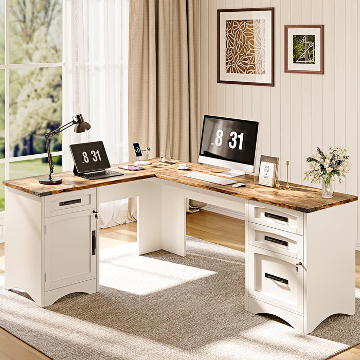 Decofy L Shaped Farmhouse Executive Desk with Drawers, 67" Home Office Desks with Fast Charging Station, Lockable File Cabinet, Wood Writing Computer Desk for Work, Study, White