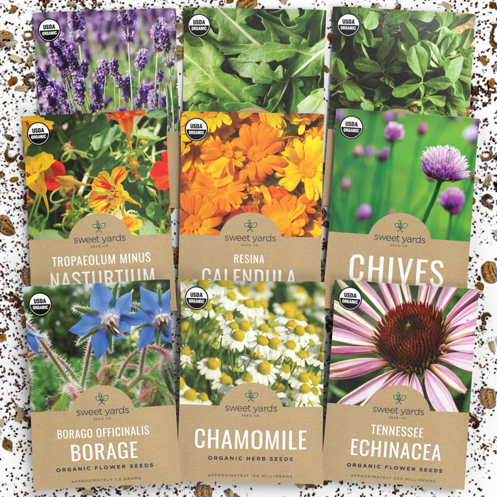 Sweet Yards Organic Edible Flower Seeds Variety Pack - 9 Individual Packs - 2025 Season - Lavender, Chamomile, Nasturtium, Calendula and More! for Indoor & Outdoor Planting (Non-GMO, Certified Organic)