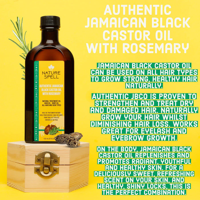 Nature Spell Jamaican Black Castor Oil Infused with Rosemary for Hair & Body, Strengthen Hair Roots & Treat Damaged Hair, 5.07 Fl Oz