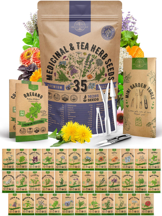 Organo Republic 35 Medicinal & Tea Herb Seeds Variety Pack for Indoor & Outdoors. 16,335+ Non-GMO Heirloom Garden Seeds: Anise, Bergamot, Borage, Cilantro, Chamomile, Dandelion, Rosemary Seeds & More