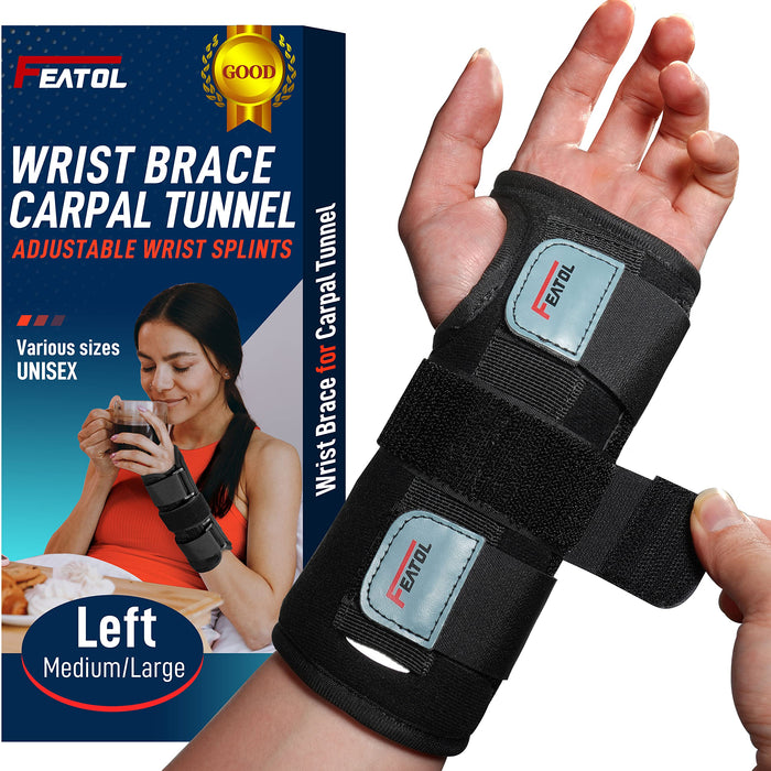 FEATOL Wrist Brace, FSA HSA Eligible Hand Brace, Carpal Tunnel Wrist Splint Night Support for Women Men, Pain Relief Support -Tendonitis, Arthritis, Sprain, Left Hand, Medium/Large