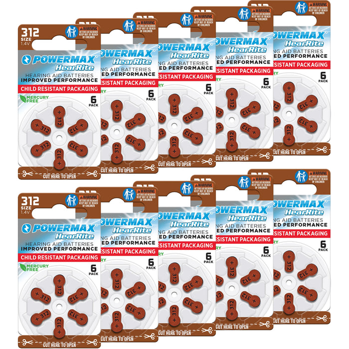 Powermax Size 312 Hearing Aid Batteries, 60 Count Long-Lasting Battery Pack, Brown Long Tab for Easy Change