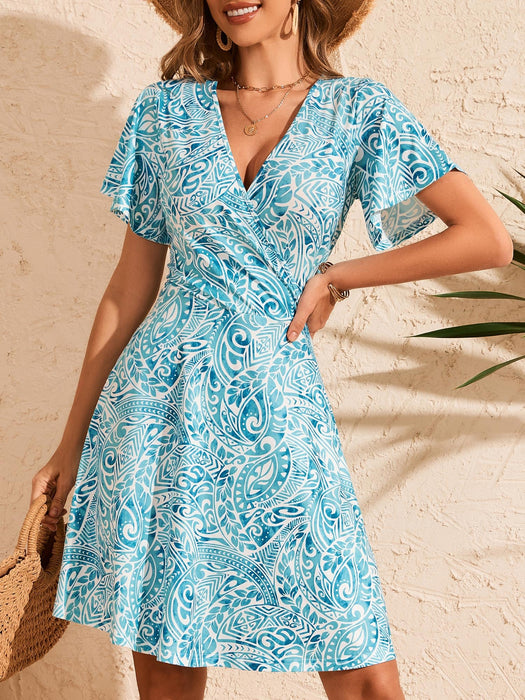 FENSACE Tropical Vacation Outfits for Women Empire Waist A Line Boho Summer Dress(Blue White Paisley-73,Small)
