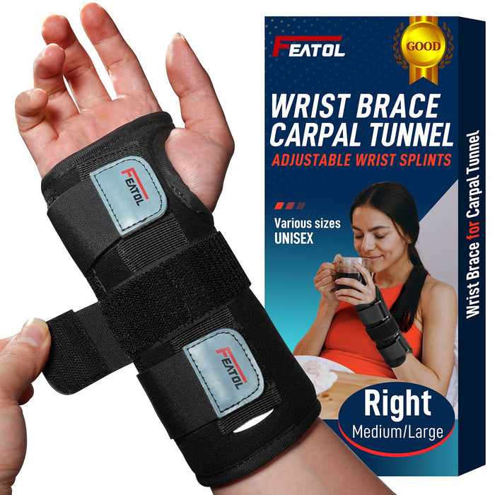 FEATOL Wrist Brace, FSA HSA Eligible Hand Brace, Carpal Tunnel Wrist Splint Night Support for Women Men, Pain Relief Support -Tendonitis, Arthritis, Sprain, Right Hand, Medium/Large