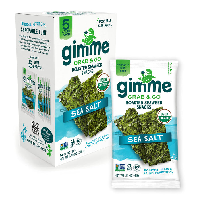 Gimme Seaweed Grab & Go Organic Premium Roasted Seaweed Snacks, Sea Salt, 5 Count Trayless, Keto, Vegan, Gluten-Free, Great Source of Omega3s and Iodine, Healthy On-The-Go Snack for Kids and Adults