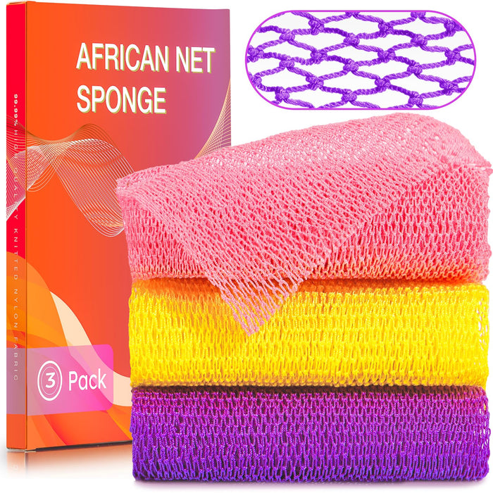 3 Pack African Net Sponge – Real Authentic Exfoliating Bath Sponges for Silky Smooth Skin, Deep Cleansing Mesh for Full Body, Quick-Drying & Travel-Friendly（Yellow Pink Purple）