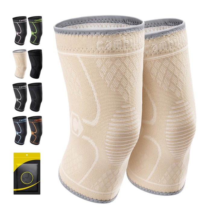 CAMBIVO 2 Pack Knee Brace, Knee Compression Sleeve for Men and Women, Knee Support for Running, Workout, Gym, Hiking, Sports (Beige,Large)