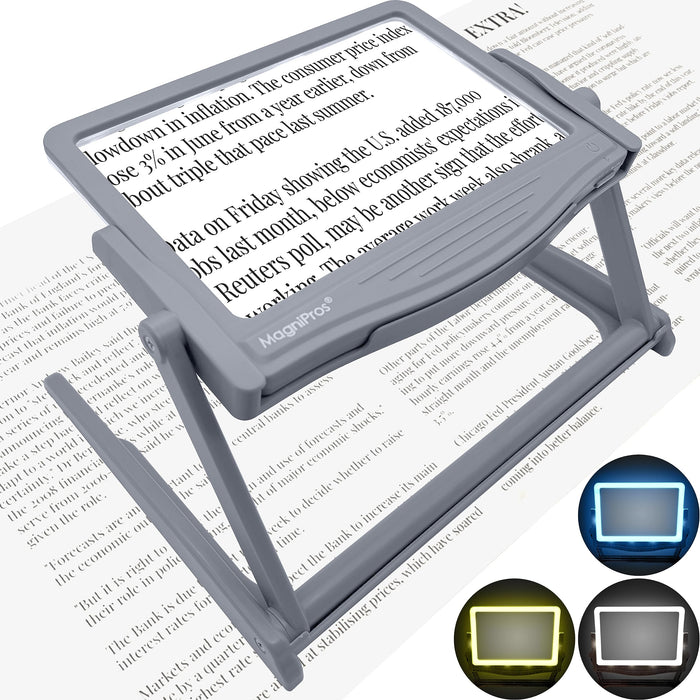 MAGNIPROS 5X LED Page Magnifier with Stand, Hands-Free Reading Magnifying Glass for Seniors & Low Vision | 3 Light Modes for Eye Strain Relief- Perfect for Fine Print, Crafts, and Hobbies