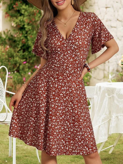 FENSACE Summer Outfits for Women 2025 Vacation Wrap V Neck Knee Length Womens Plus Size Dresses(Red White Floral-54,X-Large)