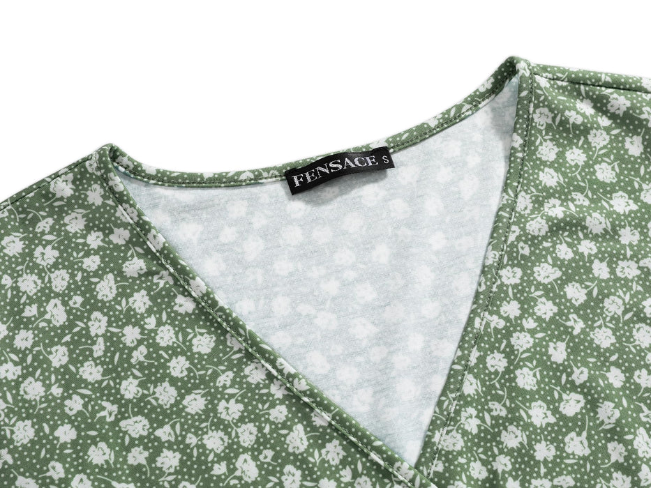 FENSACE Women's Casual Dresses Fit and Flare Green Floral Dress(Floral-32,Large)