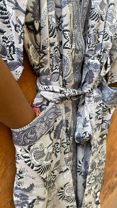 Blockprint Cotton Kimono Robe: Indian Floral Dressing Gown(Ankle,SMALL)