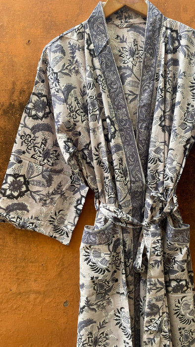 Blockprint Cotton Kimono Robe: Indian Floral Dressing Gown(Knee Length-REGULAR)