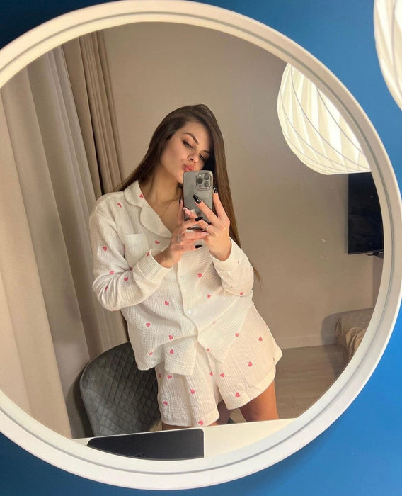 Muslin Pajama Set: Organic Crinkle Cotton Sleepwear with hearts Bridal Party PJ(Long Sleeve&Short -L US Women's letter)