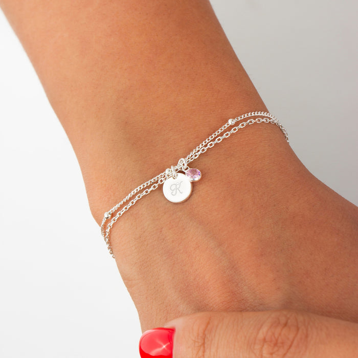 Personalized initial bracelet in gold, silver with birthstone | Engraved bracelet with disc pendant | Gift for wife, best friend
