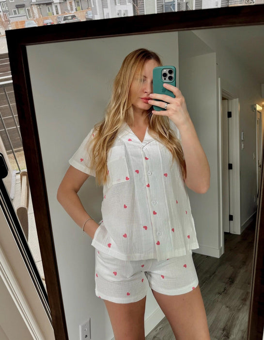 Muslin Pajama Set: Organic Crinkle Cotton Sleepwear with hearts Bridal Party PJ(Short Sleeves&Shorts,M US Women's letter)