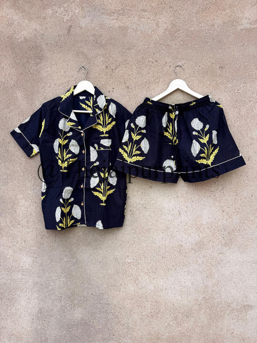 Hand Block Print Cotton Pajama Set: Indian Loungewear(S US Women's letter-BLUE)