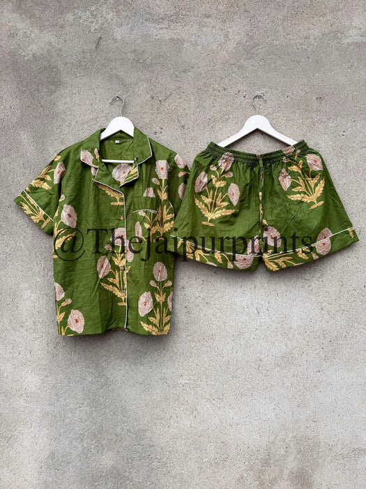 Hand Block Print Cotton Pajama Set: Indian Loungewear(XL US Women's letter-GREEN)
