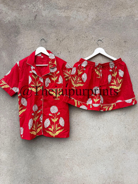Hand Block Print Cotton Pajama Set: Indian Loungewear(M US Women's letter-RED)
